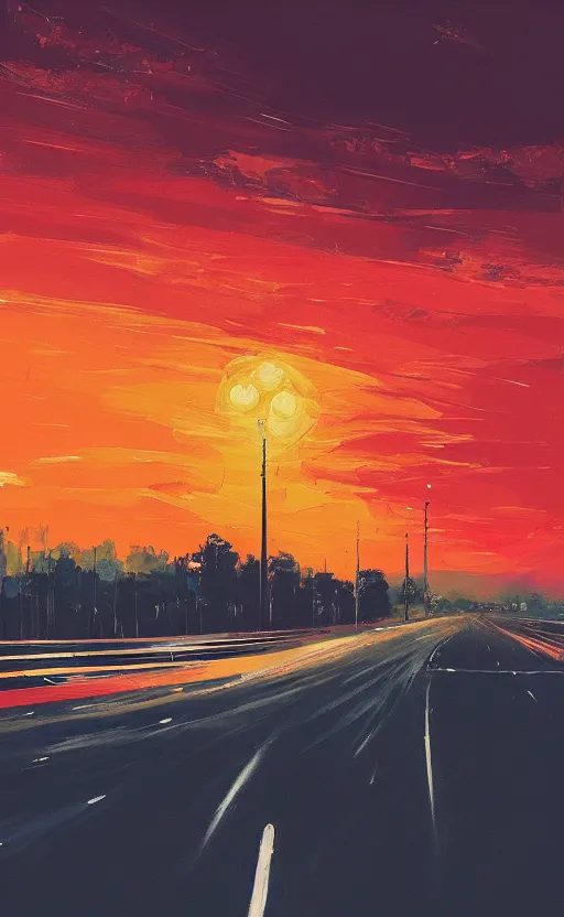 Image similar to a beautiful illustration of a car parket near a highway at sunset, art of alena aenami, featured on artstation, vertical orientation, paint brush strokes, expressionism, brushstroke - laden