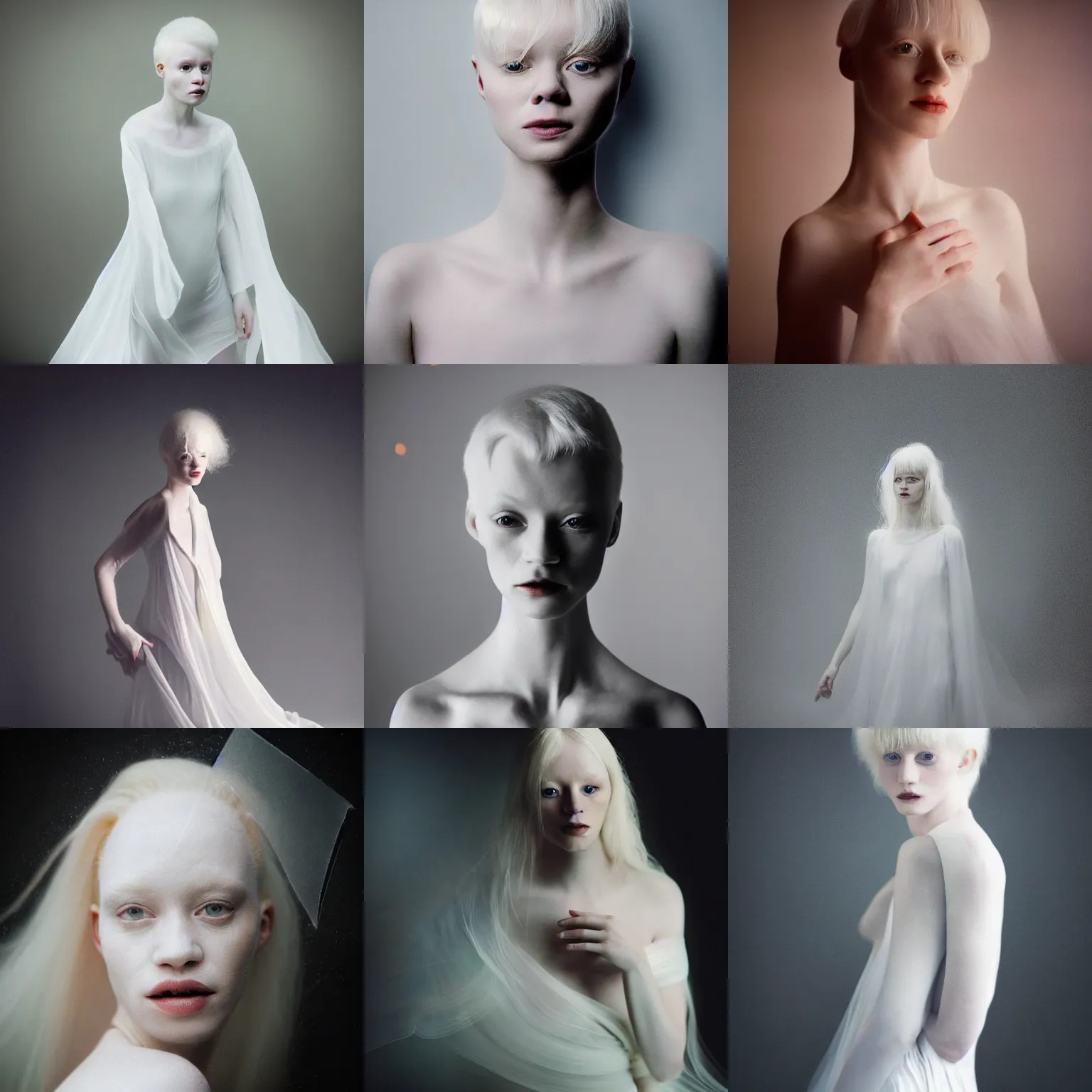 Prompt: kodak portra 4 0 0 photo portrait of an albino woman in style of paolo roversi, lightpainting motion blur, dress in white, elegant, soft coloured gel lighting, black background, highly detailed, sharp focus, ethereal, out worldly colours, emotionally evoking, head in focus, soft blur coloured gel light dreamy, volumetric lighting