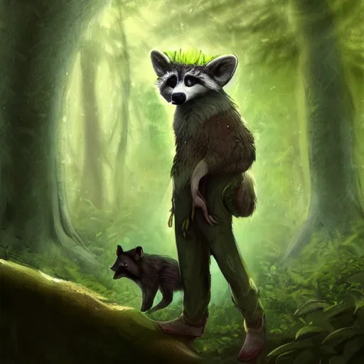 Prompt: a woodland druid in a forest with a wolf bird and racoon, photorealistic, in the style of greg rutkowski, digital painting