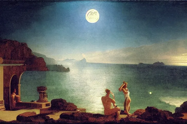 Image similar to The giant greek arch, refracted moon on the ocean, thunderstorm, greek pool, beach and Tropical vegetation on the background major arcana sky and occult symbols, by paul delaroche, hyperrealistic 4k uhd, award-winning, very detailed paradise