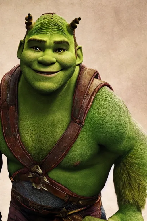 Image similar to Chris Pratt as Shrek in live action adaptation, set photograph in costume, cosplay, cover of Vogue