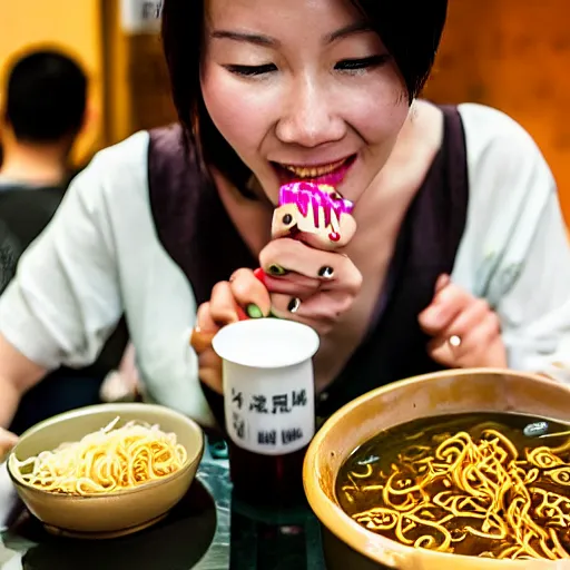 Prompt: chinese woman drinking beer and eating noodles with friends. shanghai. closeup