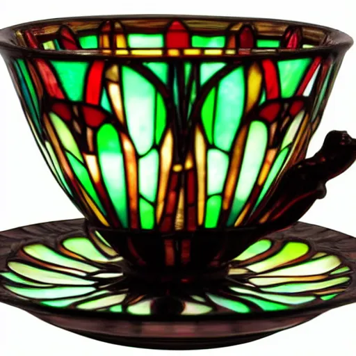 Prompt: Stained glass teacup by Louis comfort Tiffany, translucent, overhead lighting on black marble tabletop