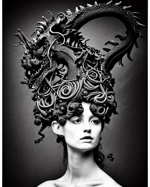 Prompt: dark background, a black and white high quality dreamy photo of a young beautiful female queen-dragon-vegetal-flower-cyborg bust with a very long neck and delicate Mandelbrot fractal face, elegant, highly detailed, flesh highly baroque ornate, hair are curled wired cables, elegant, poetic, soft, dreamy, mysterious, high fashion, rim light, in the style of Ellen von Unwerth, Realistic, Refined, Digital Art, Highly Detailed, Cinematic Lighting, rim light, black and white, photo-realistic, 8K