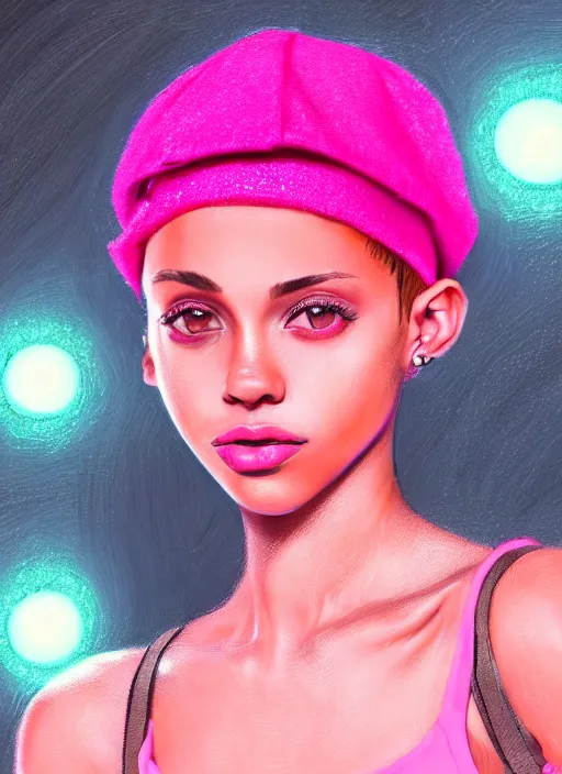 Image similar to portrait of teenage vanessa morgan with bright pink hair, black girl, curly pixie cut hair, wearing newsboy cap, pink short haircut, newsboy cap, hoop earrings, blue eyes, intricate, elegant, glowing lights, highly detailed, digital painting, artstation, concept art, smooth, sharp focus, illustration, art by wlop, mars ravelo and greg rutkowski