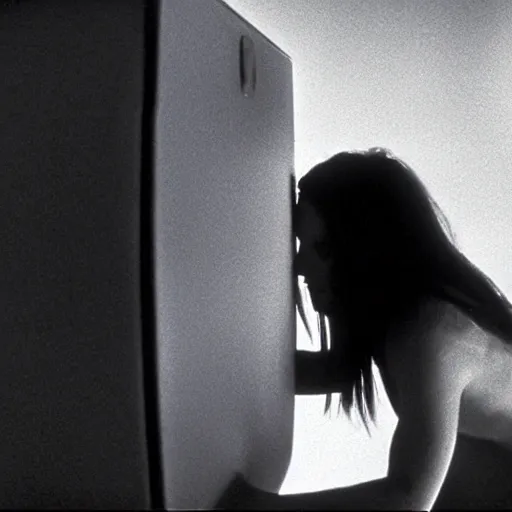 Prompt: the scene from The Ring where Samara Morgan crawls out of the TV, 35mm award winning photograph