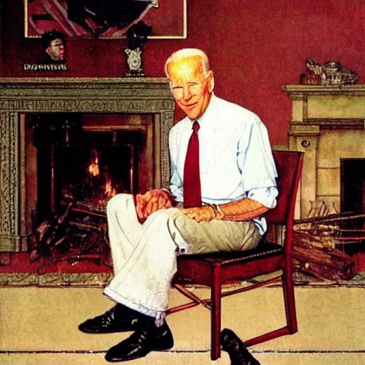 Image similar to Norman Rockwell portrait of Joe Biden. He's sitting on a chair, cozy fire