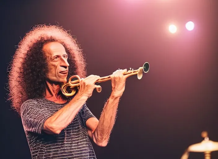 Image similar to photo still of kenny g on stage at vans warped tour!!!!!!!! at age 4 8 years old 4 8 years of age!!!!!!! playing saxophone, 8 k, 8 5 mm f 1. 8, studio lighting, rim light, right side key light