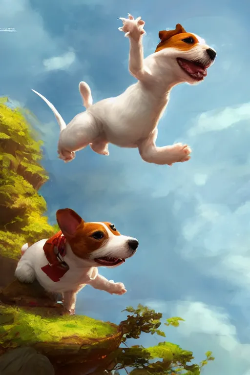 Prompt: adorable jack russel terrier jumping over a small tree, fantasy art, artstation character design contest winner, trending on cgsociety, concept art, speedpaint, beautiful digital art, jesper ejsing, james jean, justin gerard, fenghua zhong, makoto shinkai, highly detailed