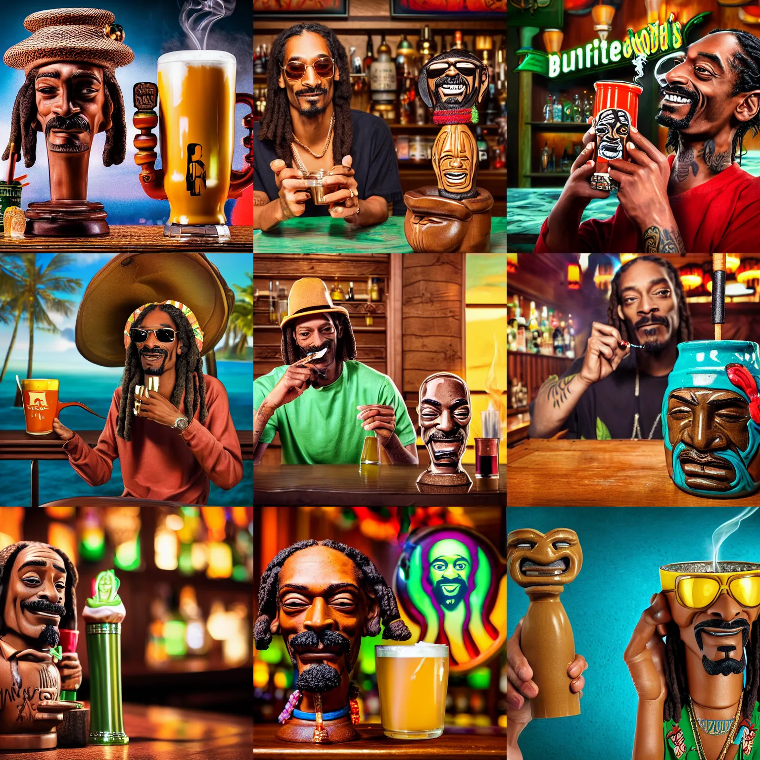 Image similar to a closeup photorealistic photograph of happy blunt smoking snoop dogg at trader vic's bar sitting next to a trader vic's style tiki mug featuring snoop dogg's face. tiki culture. bright scene. 4 k hd image that's trending on artstation, featured on behance, well rendered, extra crisp, features epic composition and the style of unreal engine.