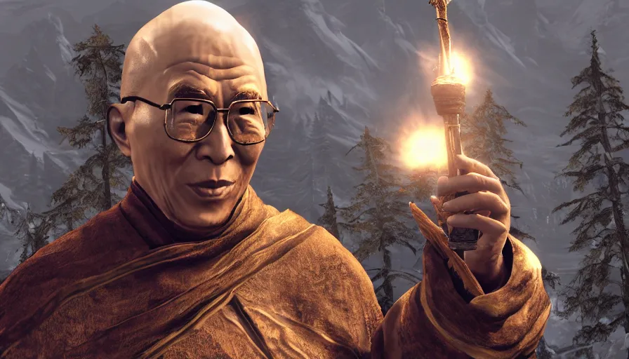 Image similar to skyrim character screenshot of the dalai lama, enb, 4 k, bokeh, beautiful, detailed