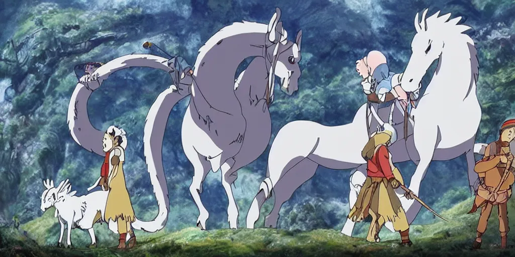 Image similar to war, horses, knights, king, a magical palace on a mountain, a white dragon spirit flying in the sky, miyazaki's animated film, ghibli studio, spirited away, princess mononoke,