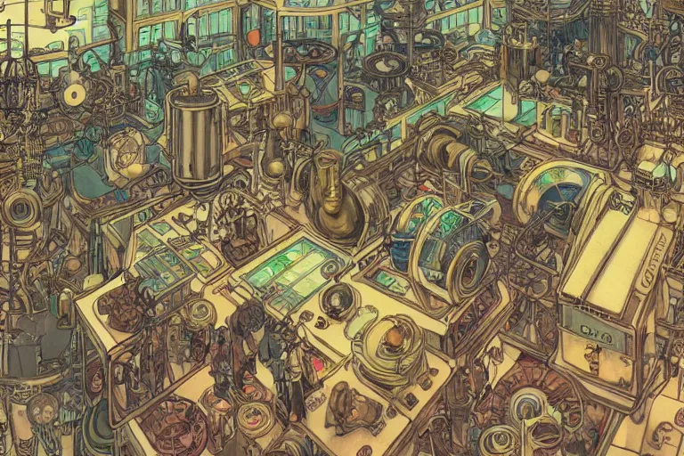 Image similar to top view on steampunk lab with big vapor tubes and alchemy equipment, kid and mad scientist working, giant video screens, sci - fi vending machine, clock, retrofuturism, concept art by mucha and moebius and victo ngai, clean line, diesel punk