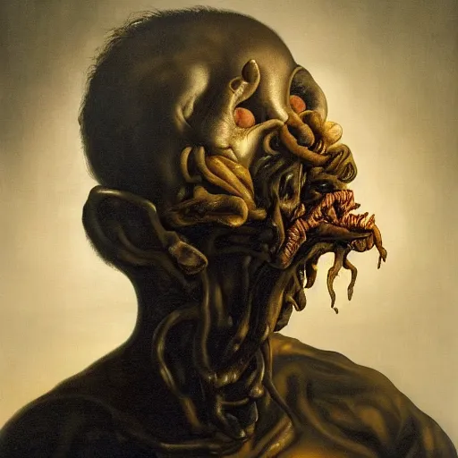 Prompt: refined gorgeous blended oil painting with black background by christian rex van minnen rachel ruysch dali todd schorr of a chiaroscuro portrait of an extremely bizarre disturbing mutated man with shiny skin acne intense chiaroscuro cast shadows obscuring features dramatic lighting perfect composition masterpiece
