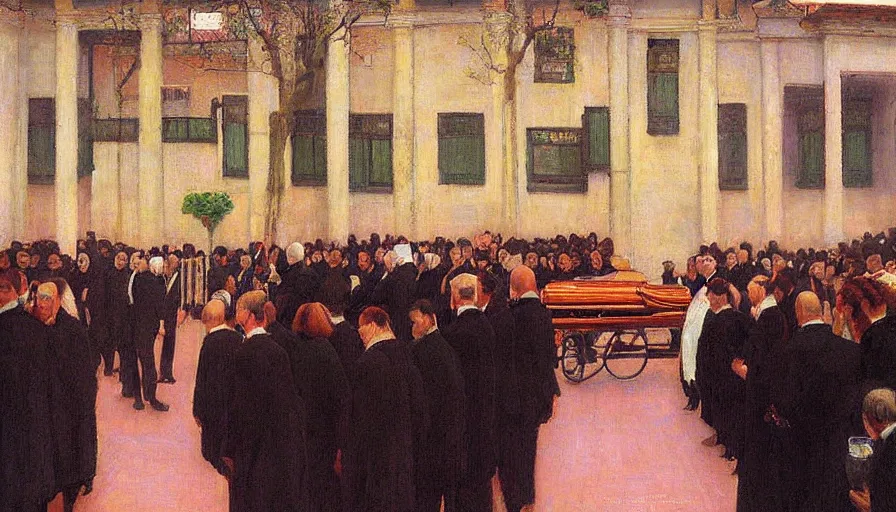 Image similar to a masterpiece painting of a funeral by santiago rusinol