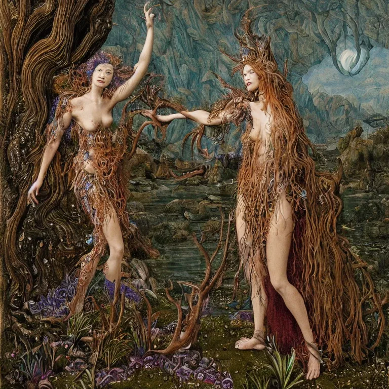 Image similar to a grinning druid dryad with fish skin transforming herself into a mad beast. her skin is covered in scales and feathers. landscape with mountains, river and night sky. painted by jan van eyck, max ernst and ernst haeckel, trending on artstation, 8 k, award winning, hard lighting, fashion editorial, mythology