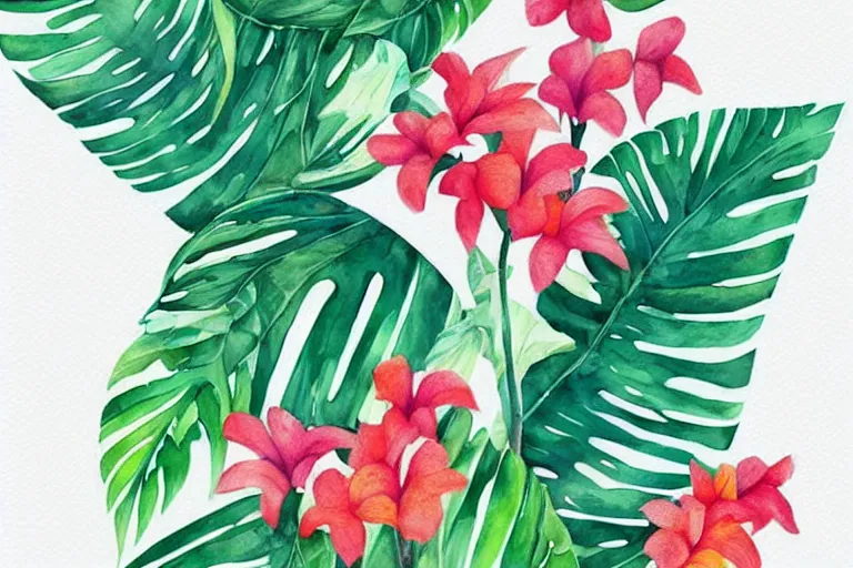 Image similar to watercolor artwork of exotic, elegant tropical prints : : trending on artstation