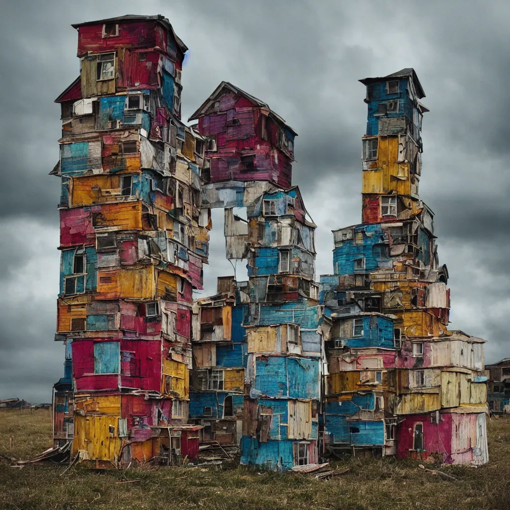 Image similar to close - up view of a tower made up of colourful makeshift squatter shacks, bleached colours, moody cloudy sky, dystopia, mamiya, very detailed, photographed by cristina de middel