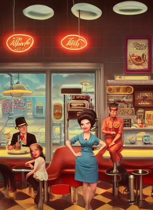 Image similar to highly detailed wide - angle portrait of a retro 1 9 6 0 s diner, nicoletta ceccoli, mark ryden, lostfish, earl nore, hyung tae, frank frazetta, global illumination, god rays, detailed and intricate environment