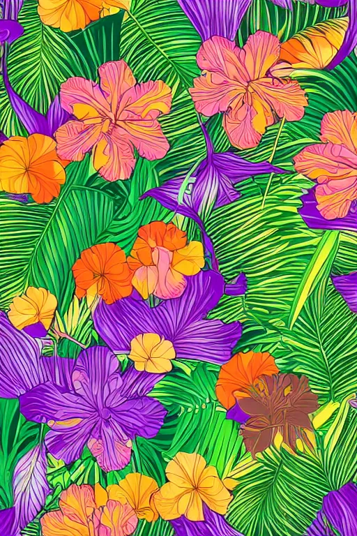 Prompt: Intricate detailed vector illustration of tropical flowers and green reeds, multiple cohesive colors ranging from warms purples to bright oranges on a ((very dark background)), 4K resolution