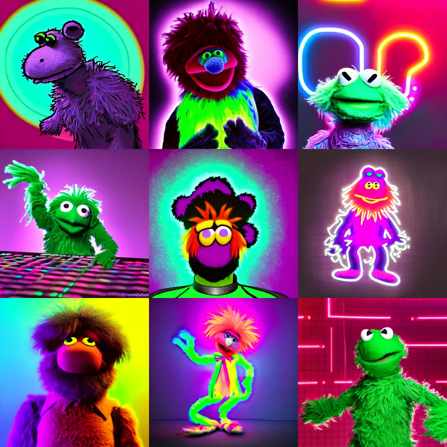 Prompt: a fluffy muppet from the future, dramatic neon background lighting, inspired by jim henson muppets