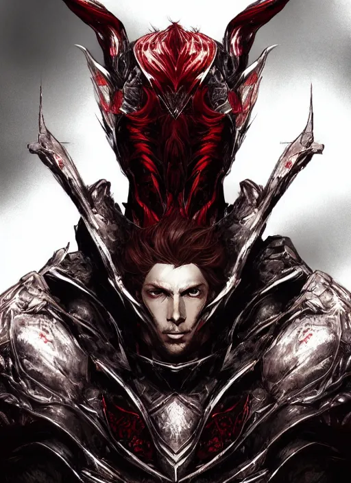 Prompt: Half body portrait of a handsome red haired elven prince in dragon scale armour. In style of Yoji Shinkawa and Hyung-tae Kim, trending on ArtStation, dark fantasy, great composition, concept art, highly detailed.