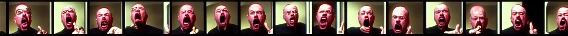 Prompt: 8 consistent frames from a video showing walter white yelling and pointing at a tv