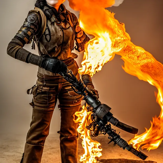 Image similar to full length photo of a beautiful dieselpunk warrior with a flamethrower, 8 k, hdr, smooth, sharp focus, high resolution, award - winning photo