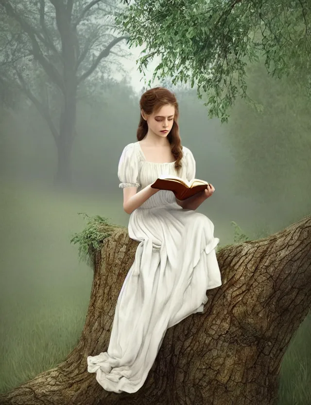 Image similar to beautiful peasant Girl in long white dress reading a book sitting on a tree in a foggy forest, Cinematic focus, Polaroid photo, vintage, neutral colors, soft lights, by Steve Hanks, by Serov Valentin, by lisa yuskavage, by Andrei Tarkovsky 8k render, detailed, oil on canvas