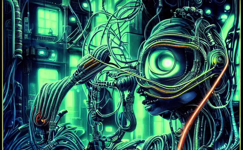 Prompt: Retro future advertising poster | cyborg girl surronded by cables, illustrated by H.R. Giger and Gaston Bussiere, 35mm lens, beautiful macro close-up imagery, vibrantly lush neon lighting, beautiful volumetric-lighting-style atmosphere, a futuristic atmosphere, intricate, detailed, photorealistic imagery, trending on artstation, 4k, 8k