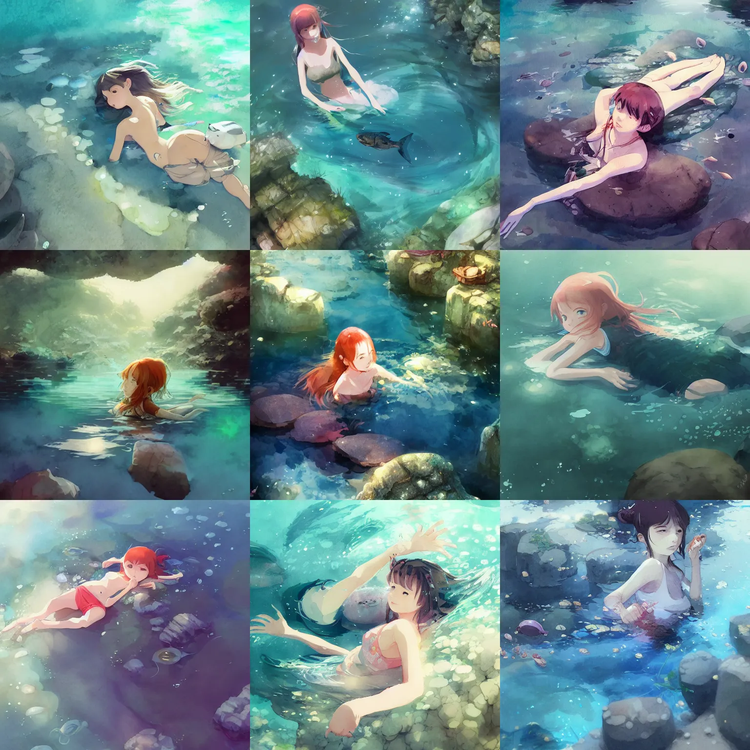 Prompt: girl relaxing on her back in crystal clear water, fish under water, rocks, gravel, moss, digital art, illustration, fun vibrant watercolor, wenjun lin, makoto shinkai, studio ghibli, hidari, pixiv