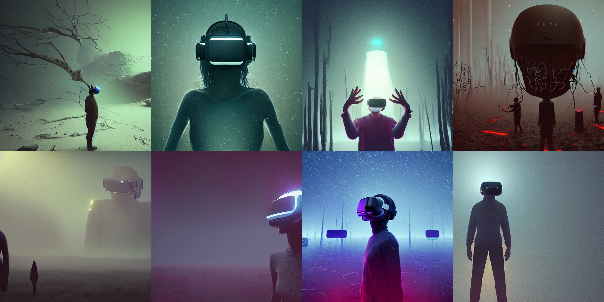 Image similar to beautiful dark creepy landscape, person screaming wearing virtual reality helmet, in the style of beeple and Mike Winkelmann, intricate, epic lighting, cinematic composition, hyper realistic, 8k resolution, unreal engine 5,