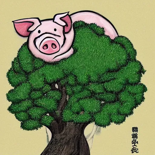 Image similar to pig on a hill next to a tree, style from aoshima chiho