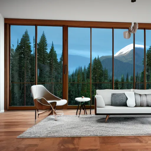 Image similar to architecture render of a beautiful modern living room with wood floors, large windows with a beautiful view, an area rug, forest, mountains, realistic, hd, 8 k, digital rendering, unreal engine, blender, octane, maya
