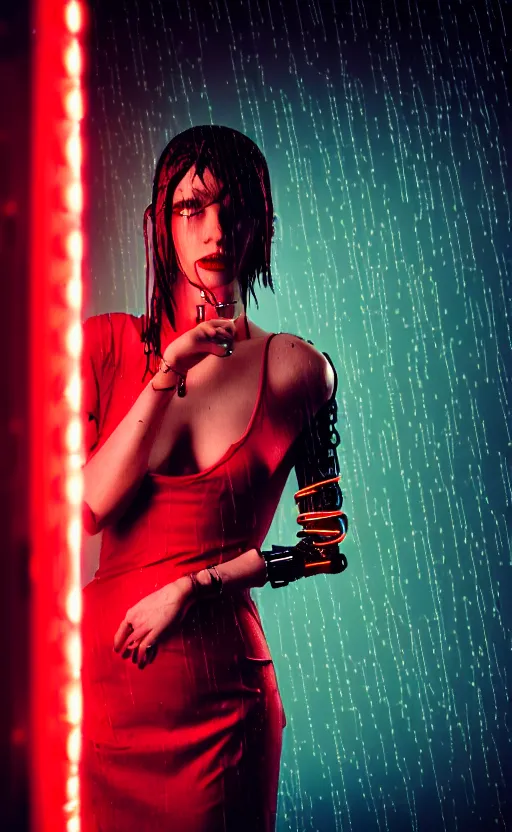 Image similar to woman, android, cyberpunk, artificial limbs, circuit, wires, mechanisms, tattoos, neon light, hard light, glamour, vogue photoshoot, fashion, long dress, red dress, raindrops, rain, wet, make - up, leaky make - up, red lipstick