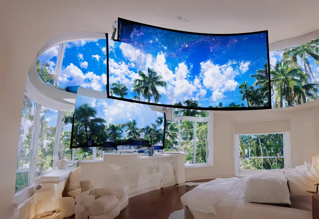 Prompt: curved transparent tv showing florida weathermap, volumetric lighting, bedroom, visor, users, pair of keycards on table, bokeh, creterion collection, shot on 7 0 mm, instax