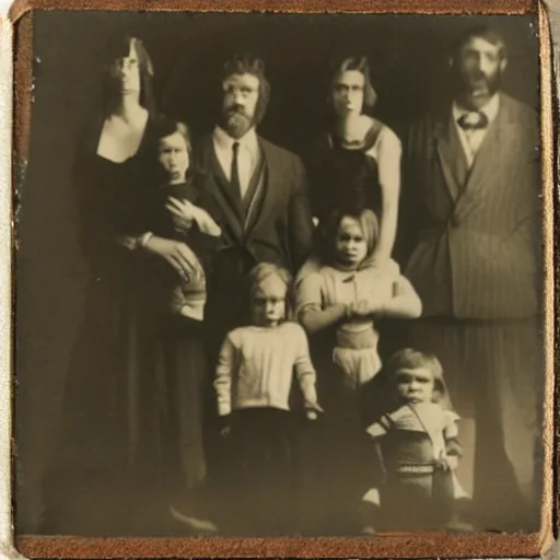 Prompt: a tintype photo of bigfoot and his family