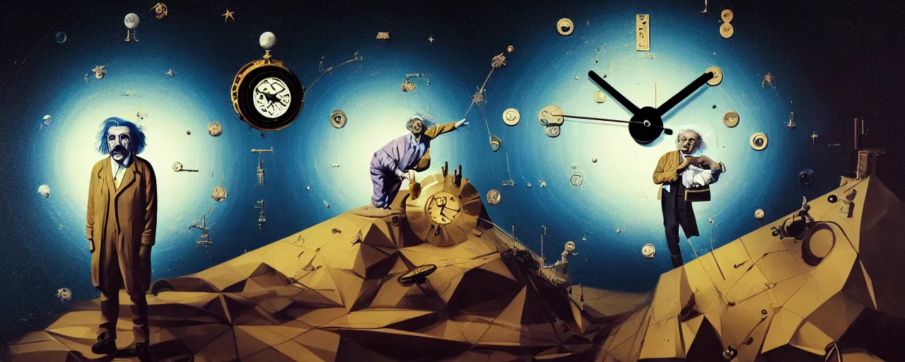 Image similar to duotone surreal illustration 3 / 4 portrait of albert einstein measuring time on salvadore dali clock in outer space dark starry background. golden ratio accidental renaissance. by sachin teng and sergey kolesov and ruan jia and heng z. graffiti art, scifi, fantasy, hyper detailed. octane render. concept art. trending on artstation