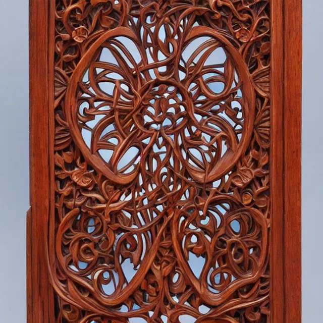 Image similar to a 3 d wooden mahogany art nouveau carved sculpture of a delicate tracery pattern, intricate and highly detailed, well - lit, ornate, realistic, polished with visible wood grain