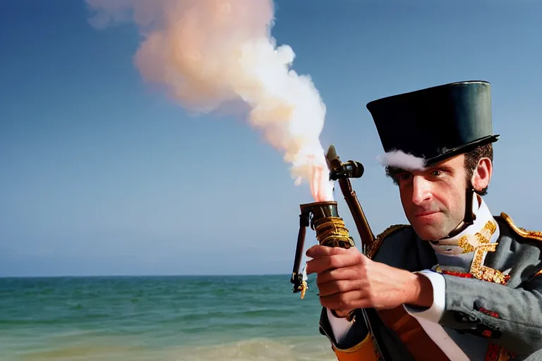 Prompt: closeup portrait of emmanuel macron dressed as napoleon firing cannons on the beach england, natural light, sharp, detailed face, magazine, press, photo, steve mccurry, david lazar, canon, nikon, focus