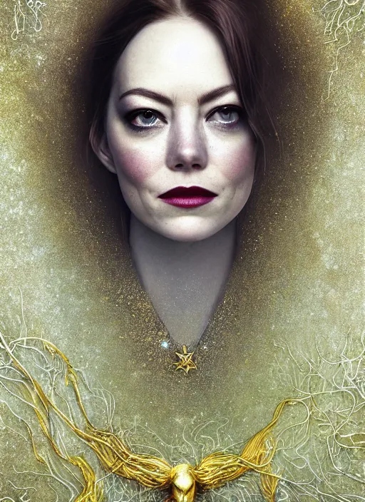 Image similar to glowing silver and golden elements, full close-up portrait, mixture of Emma Stone and Ryan Gosling as a dark witch, book cover, green forest, white moon, red lips, establishing shot, extremly high detail, photo-realistic, cinematic lighting, pen and ink, intricate line drawings, by Yoshitaka Amano, Ruan Jia, Kentaro Miura, Artgerm, post processed, concept art, artstation, matte painting, style by eddie, raphael lacoste, alex ross