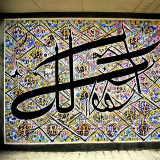 Image similar to arabic calligraphy, transylvanian folk art, in the style of graffiti, made by banksy