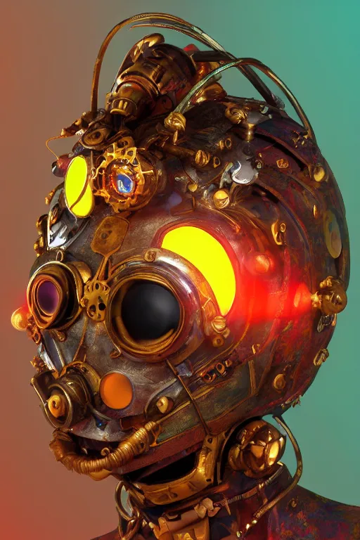 Image similar to colorful vivid steampunk mask minimalist fantasy art robot ninja helmet, global illumination ray tracing hdr fanart arstation by sung choi and eric pfeiffer and gabriel garza and casper konefal radiating a glowing aura