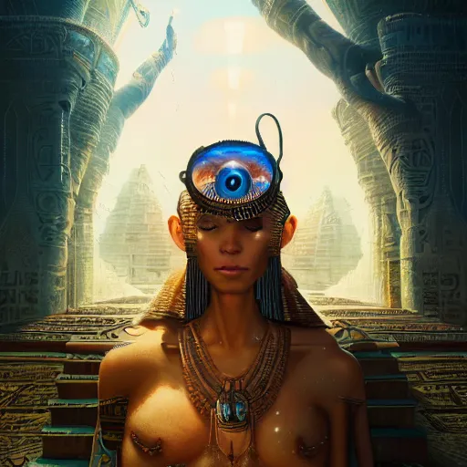 Image similar to highly detailed portrait of sekhmet the egyptian goddess, intricate alien technology, stephen bliss, unreal engine, fantasy art by greg rutkowski, loish, rhads, ferdinand knab, makoto shinkai and lois van baarle, ilya kuvshinov, rossdraws, tom bagshaw, global illumination, radiant light, detailed and intricate environment