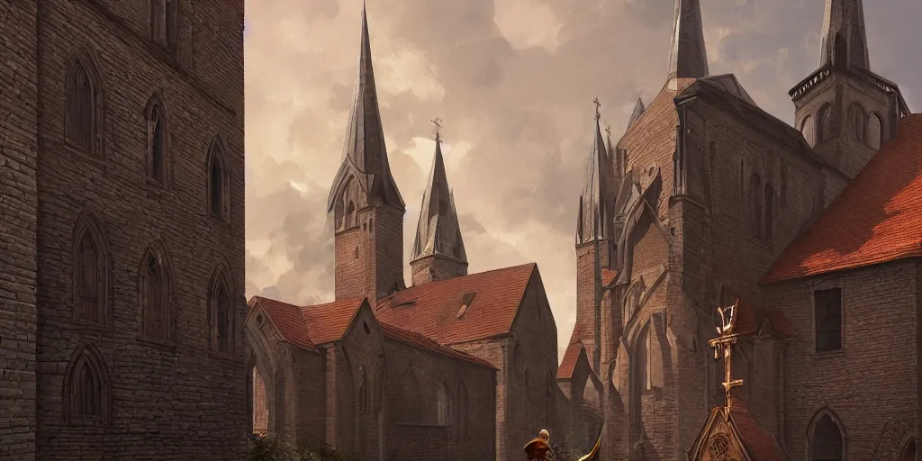 Prompt: empty medieval port town large church top of a small hill in the center of town. imposing brick facade and a tall spire pokemon sword and sheild, bright future, social realism, highly detailed, digital painting, artstation, concept art, matte, sharp focus, illustration, art by artgerm and greg rutkowski and alphonse mucha