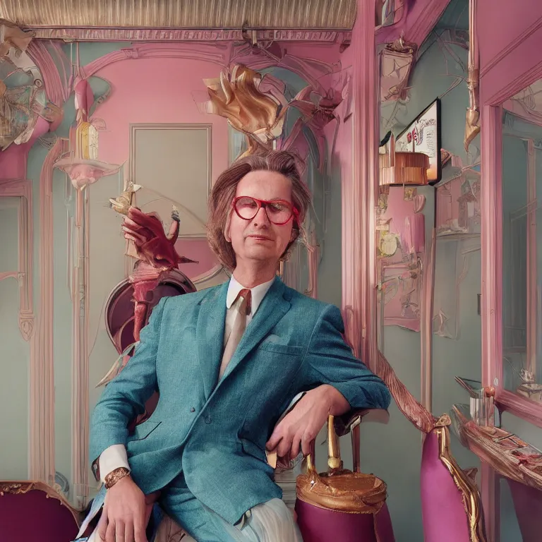 Prompt: vogue photoshoot octane render portrait by wayne barlow and carlo crivelli and glenn fabry, a handsome eccentric man in a bright colorful pastel wes anderson uniform inside a high - end exotic vintage boutique hotel bar, very short depth of field, bokeh