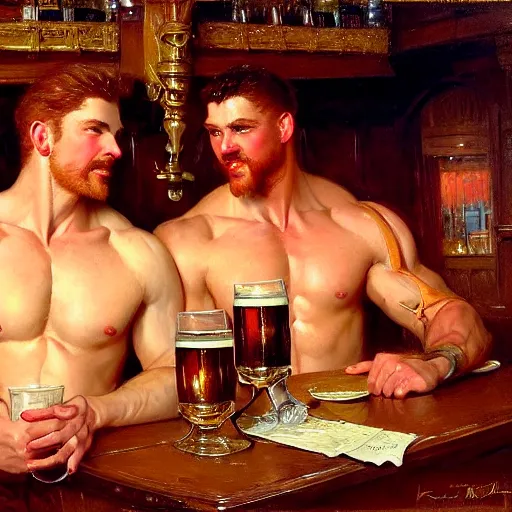 Image similar to attractive muscular mike with ginger hair with muscular attractive tyler with brunet hair, drinking their hearts out, in a pub. very defined and highly detailed painting by gaston bussiere, j. c. leyendecker, craig mullins 8 k