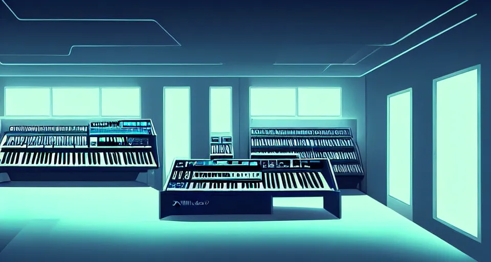 Image similar to a shelf of amazing futuristic synthesizers, cinematic lighting, detailed, beautiful colors, by greg rutowski and studio ghibli