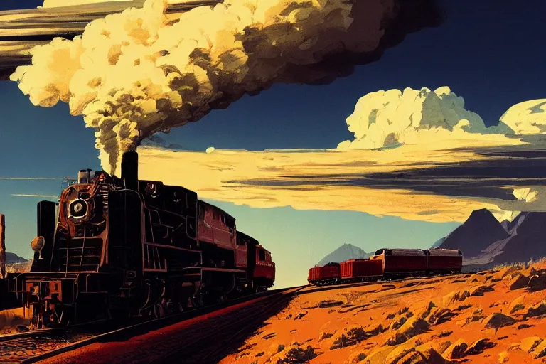 Image similar to idyllic old western freight train illustration by syd mead, artstation, 4 k, graphic novel, concept art, matte painting, steam engine spewing billowy white clouds of steam, beautiful mountain desert sunset background, golden hour