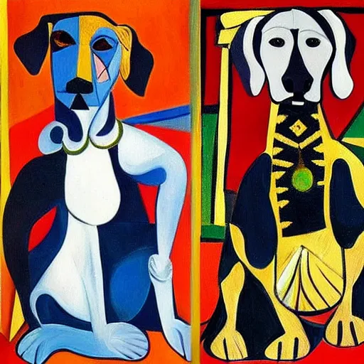 Prompt: painted portraits of royal dogs by pablo picasso